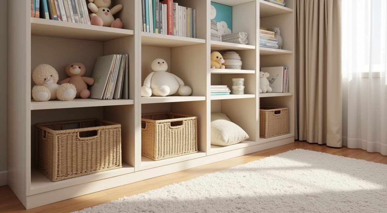 Low open cubby storage with woven baskets at child height in a Singapore resale kids bedroom