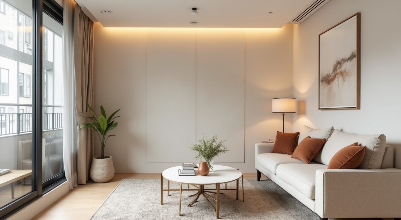 Contemporary Singapore resale flat living room with light warm neutral palette across walls and sofa