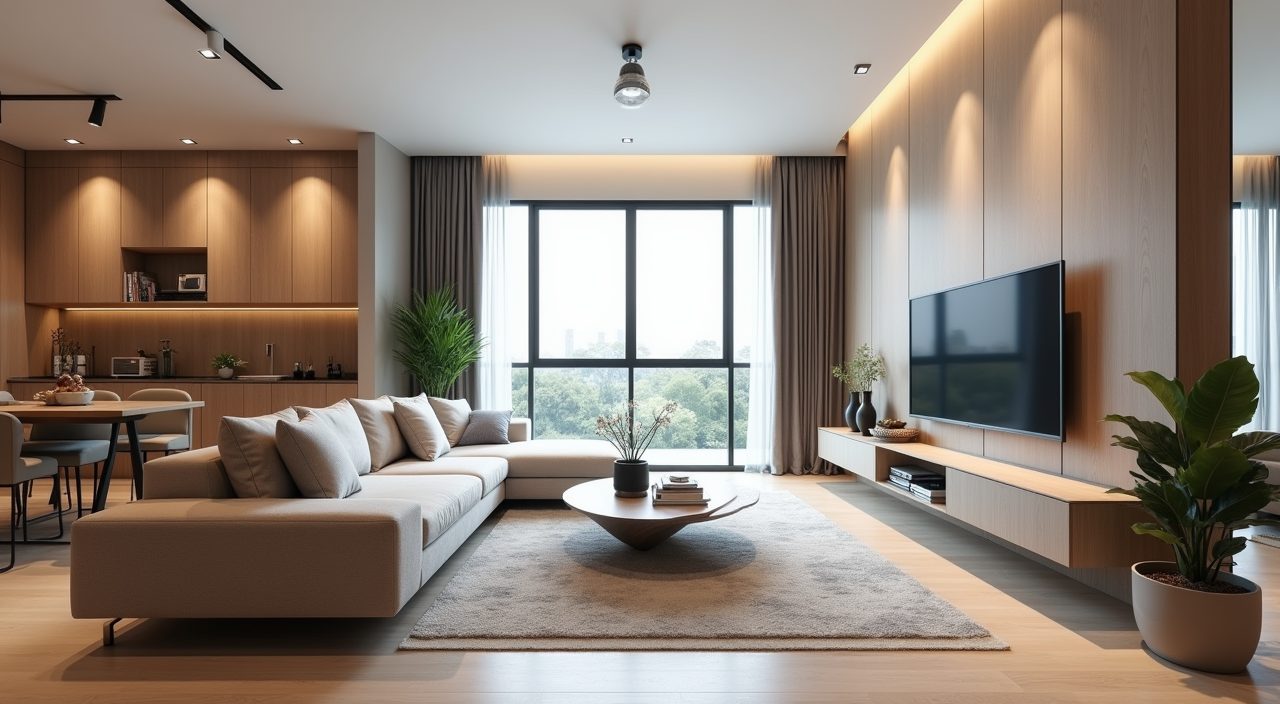 Contemporary Singapore resale flat living room layout with floated sofa facing TV wall and clear path to window