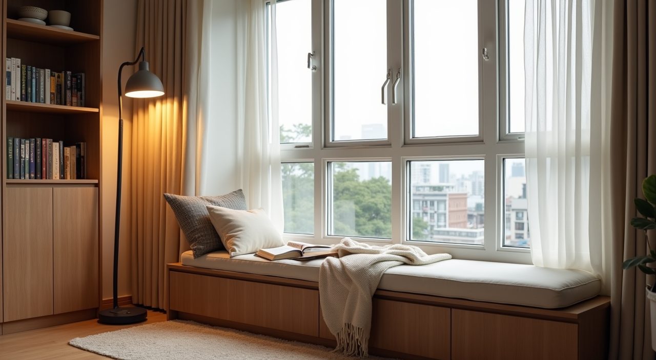 Bay window reading nook with hidden storage bench in contemporary Singapore resale flat living room