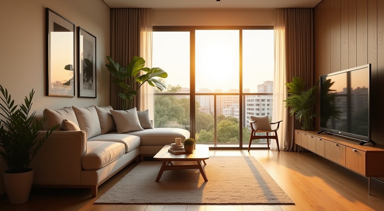 Golden hour mood shot of a contemporary Singapore resale flat living room with warm daylight