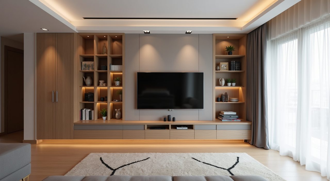 Contemporary Singapore resale flat living room with full height wall to wall storage carpentry and TV feature