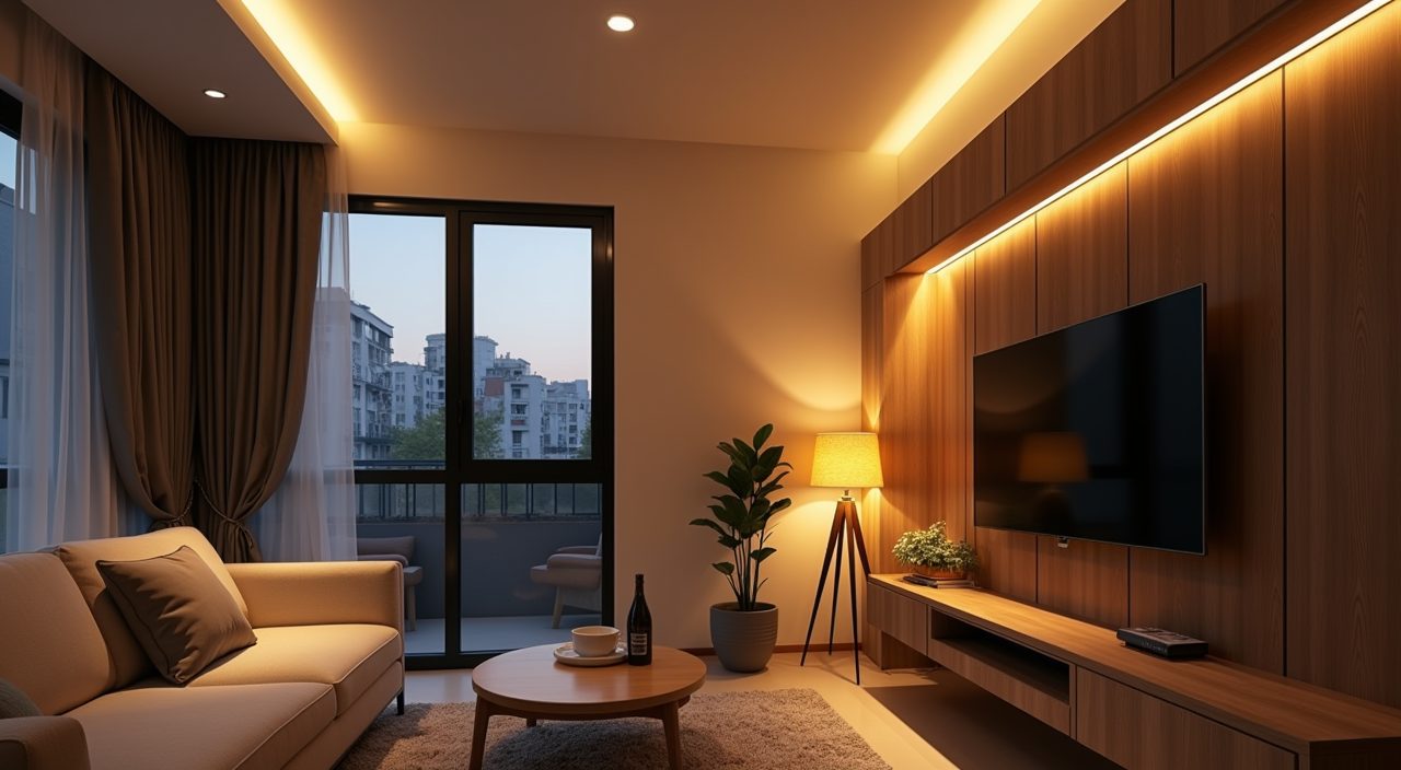 Layered warm lighting detail with downlights and LED strips in contemporary Singapore resale flat living room