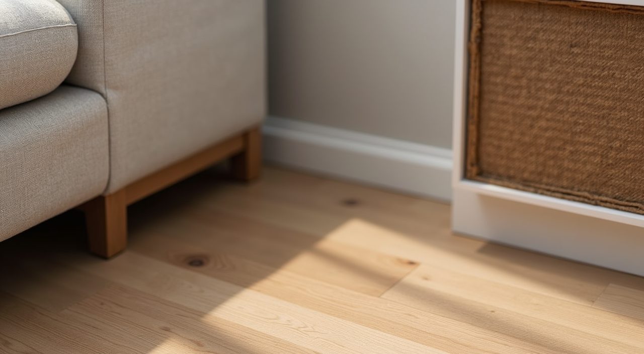 Close up of engineered timber flooring and woven fabric finishes in Singapore resale flat living room
