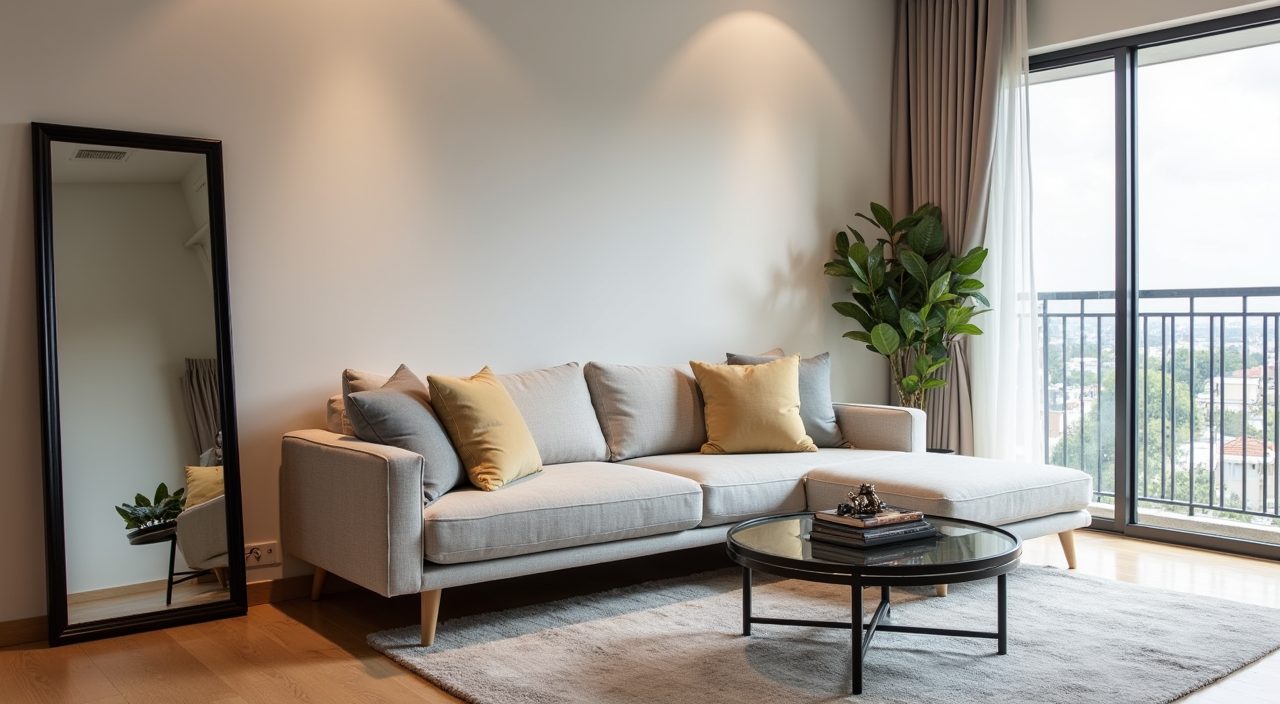 Contemporary Singapore resale flat living room with large mirror and glass coffee table stretching the space