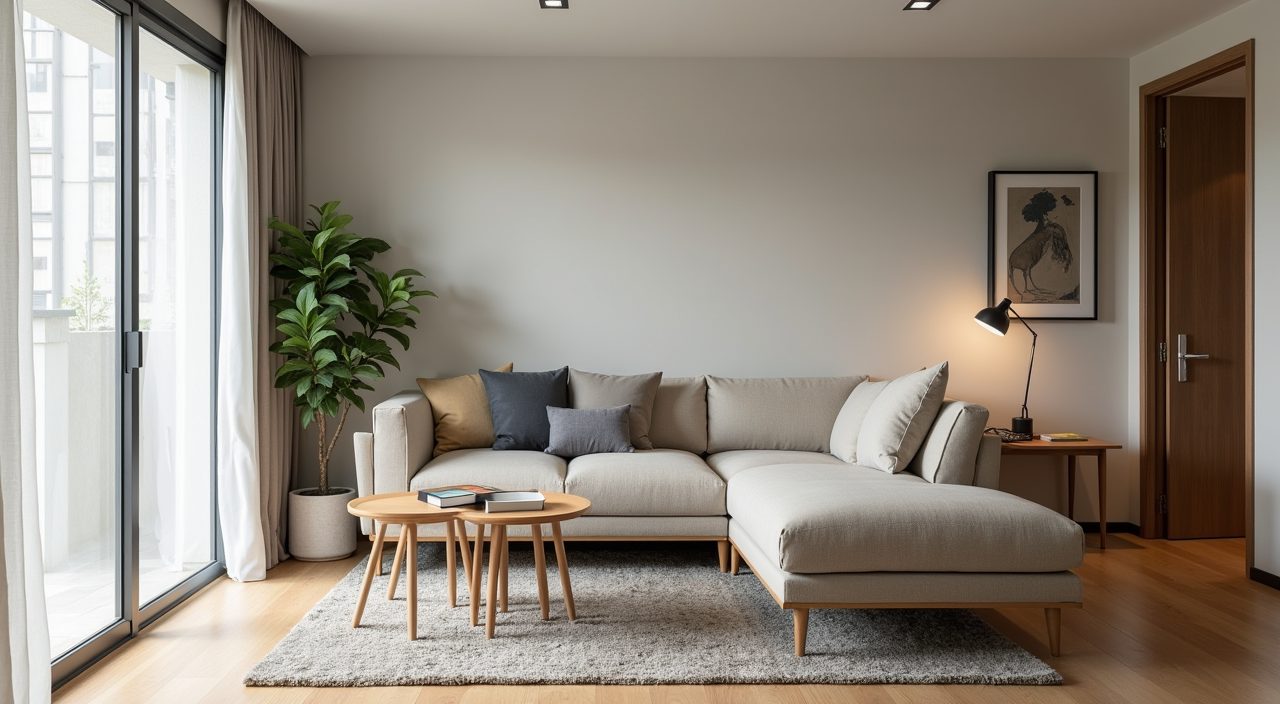 Slim exposed leg sofa and storage ottoman scaled for a compact Singapore resale flat living room