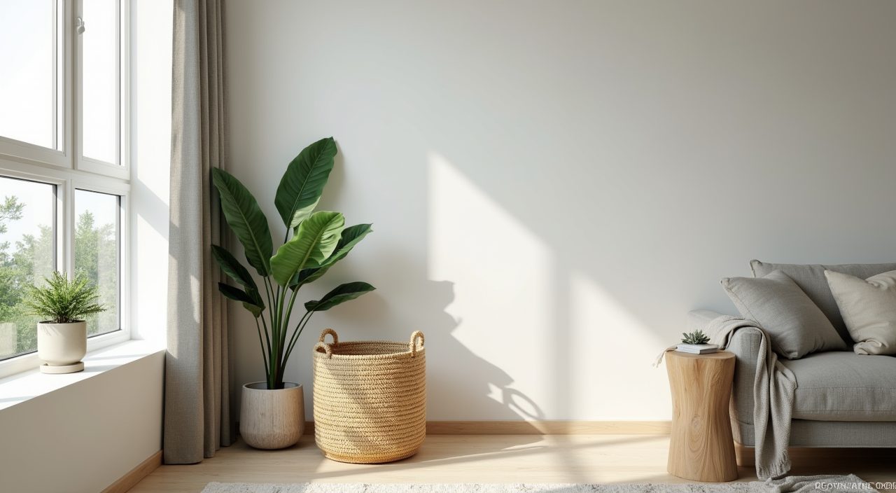 Corner of Singapore resale flat living room with indoor plants rattan basket and natural texture