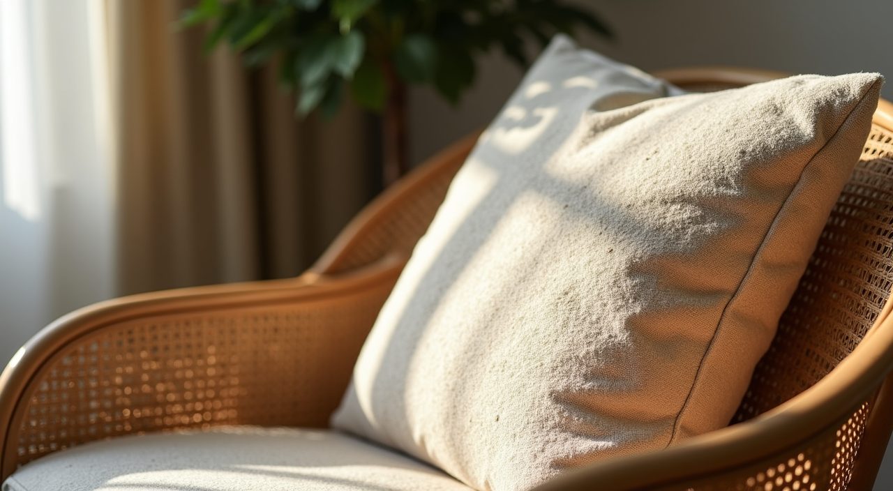 Boucle cushion and rattan texture detail in Singapore resale flat living room