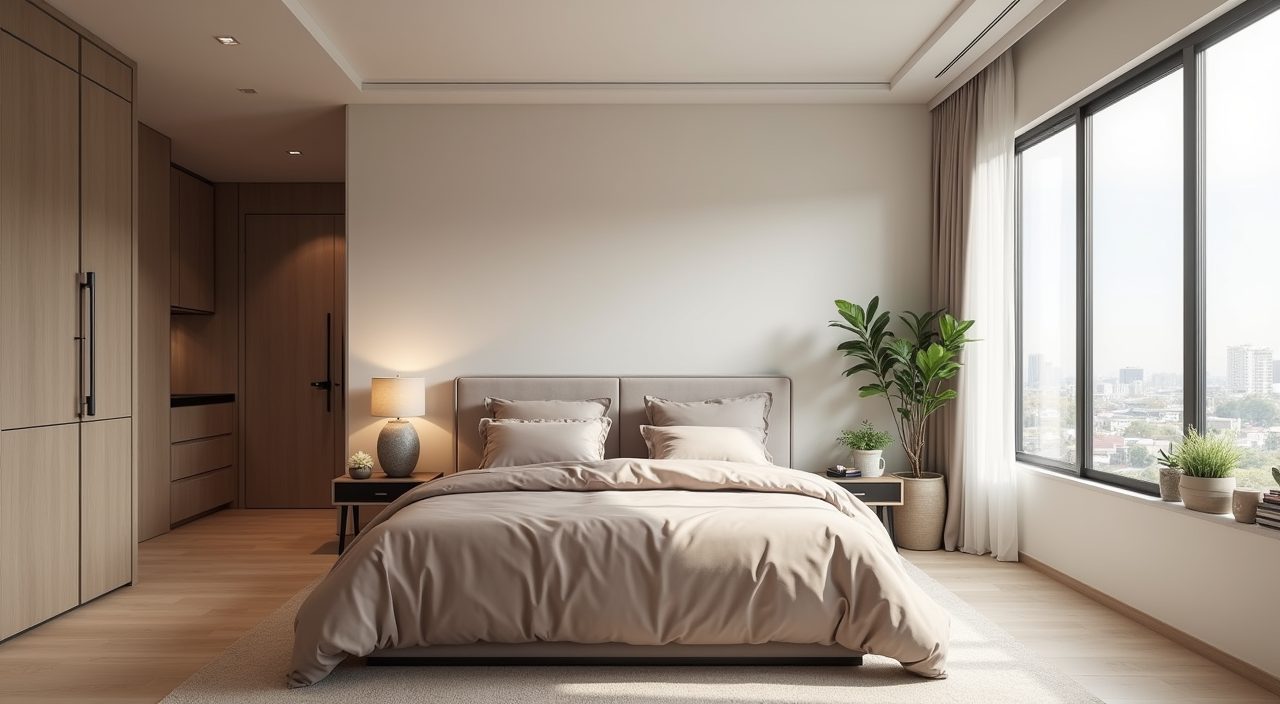 Contemporary Singapore resale flat master bedroom with warm-neutral greige palette in bright daylight