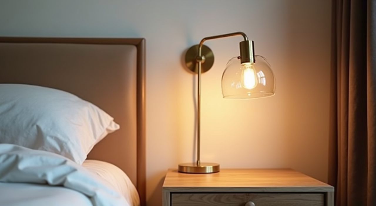 Wall-mounted swing arm bedside reading light and floating nightstand in a contemporary Singapore resale bedroom
