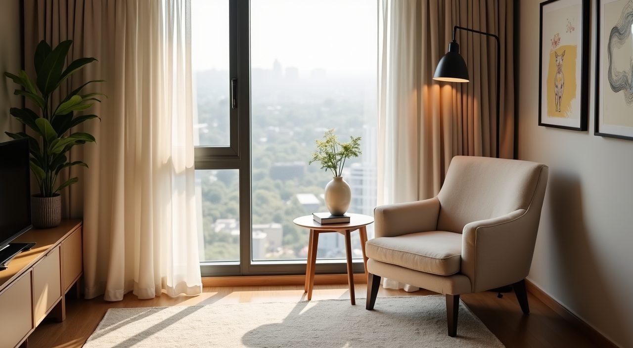 Serene window reading corner nook with armchair in a contemporary Singapore resale master bedroom