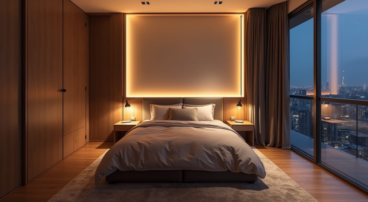 Layered warm lighting with cove strip and wall-mounted bedside lights in a contemporary Singapore resale bedroom