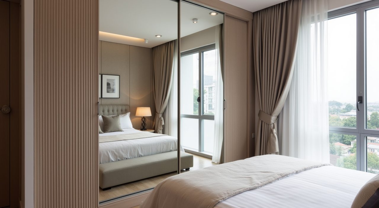 Full-height mirror and fluted glass wardrobe front reflecting light in a compact Singapore resale bedroom