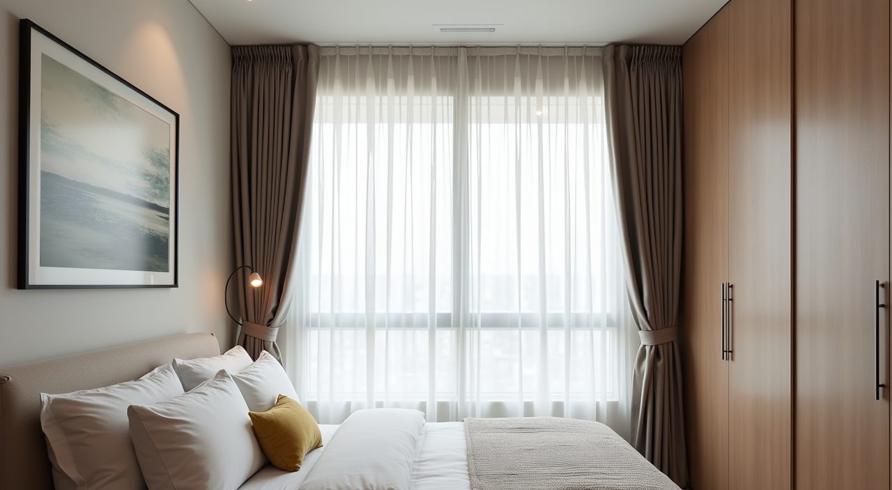 Layered sheer and blockout curtains on a floor to ceiling track in a contemporary Singapore resale bedroom