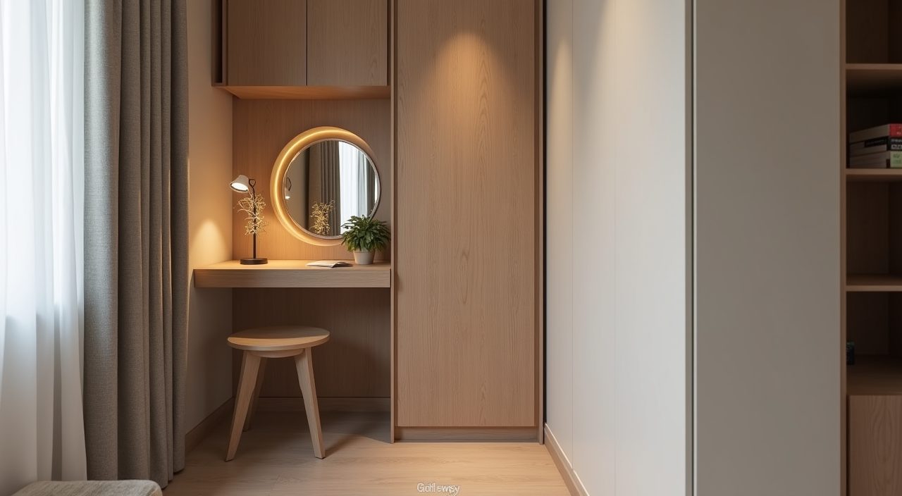 Slim wall-mounted vanity nook beside the wardrobe in a contemporary Singapore resale master bedroom