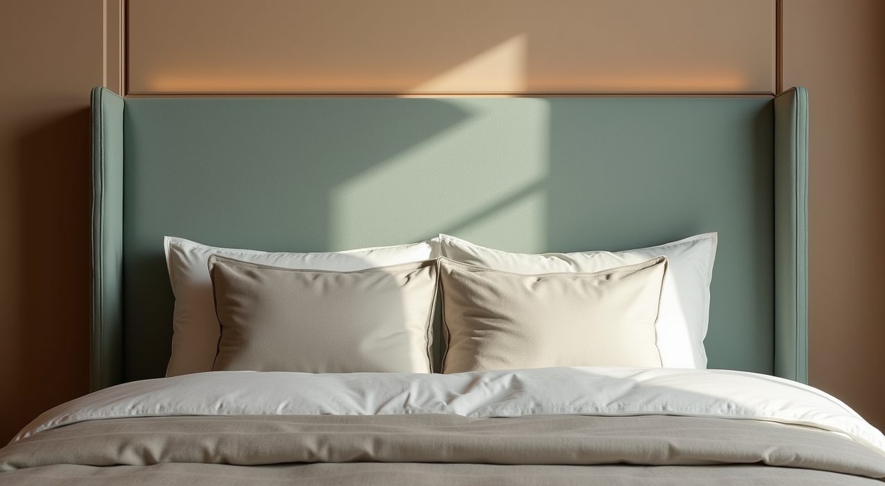 Upholstered sage headboard and linen bedding detail in a contemporary Singapore resale master bedroom