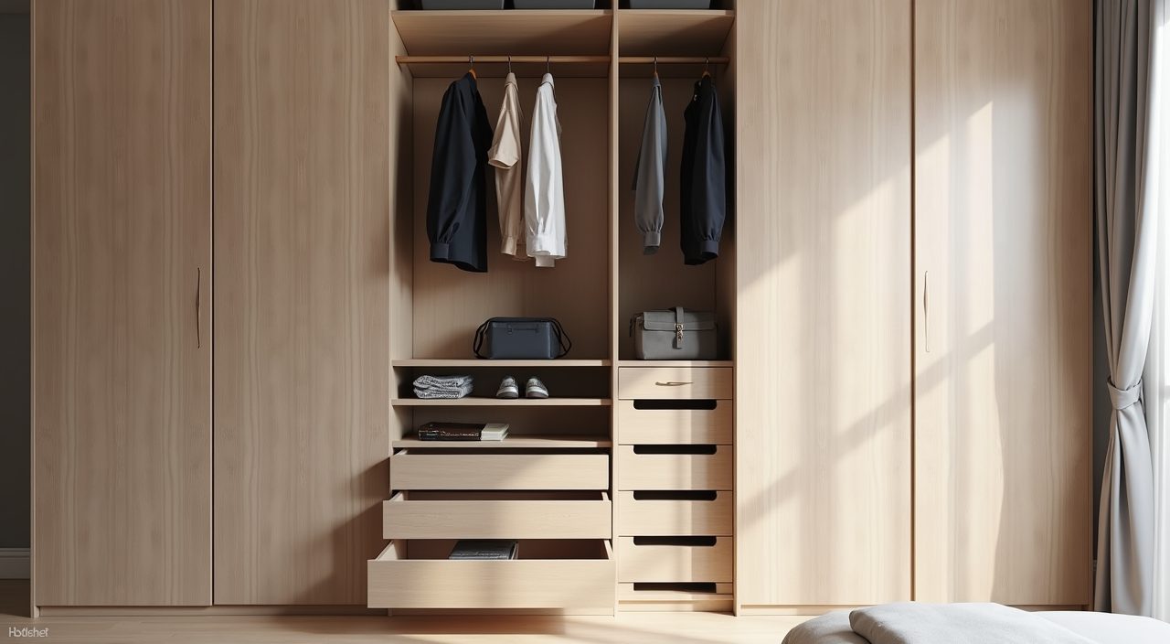 Interior storage organisation of a full-height wardrobe in a contemporary Singapore resale master bedroom