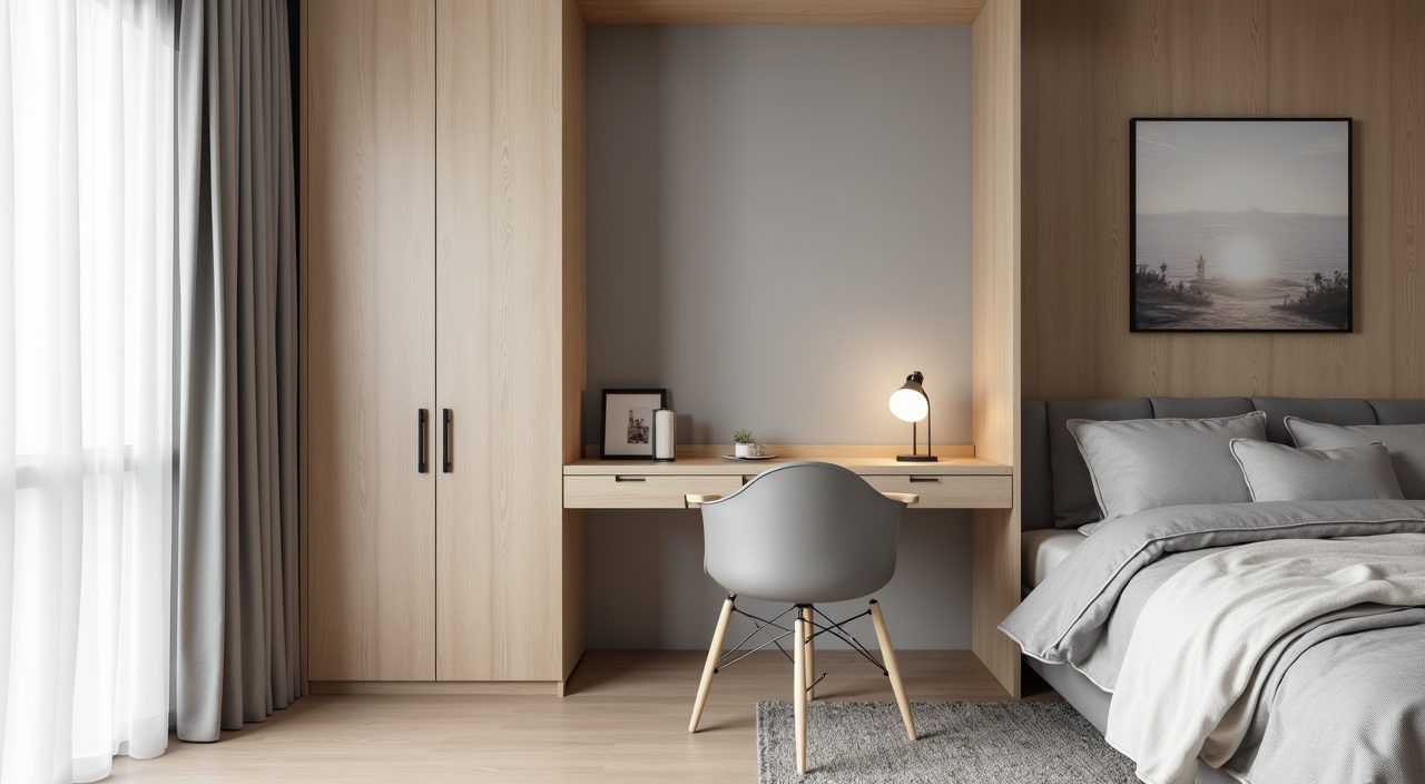 Contemporary study corner built into an HDB resale flat bedroom with a slim wall desk and pale oak finish