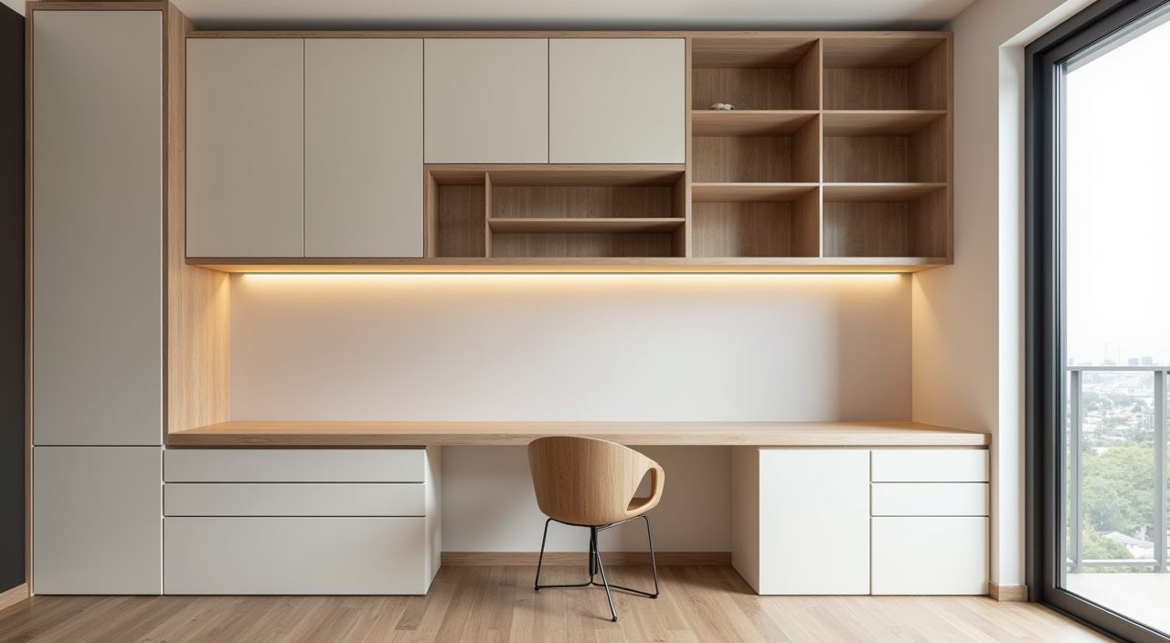 Wall-length built-in with floating laminate desk in a contemporary HDB resale flat study room