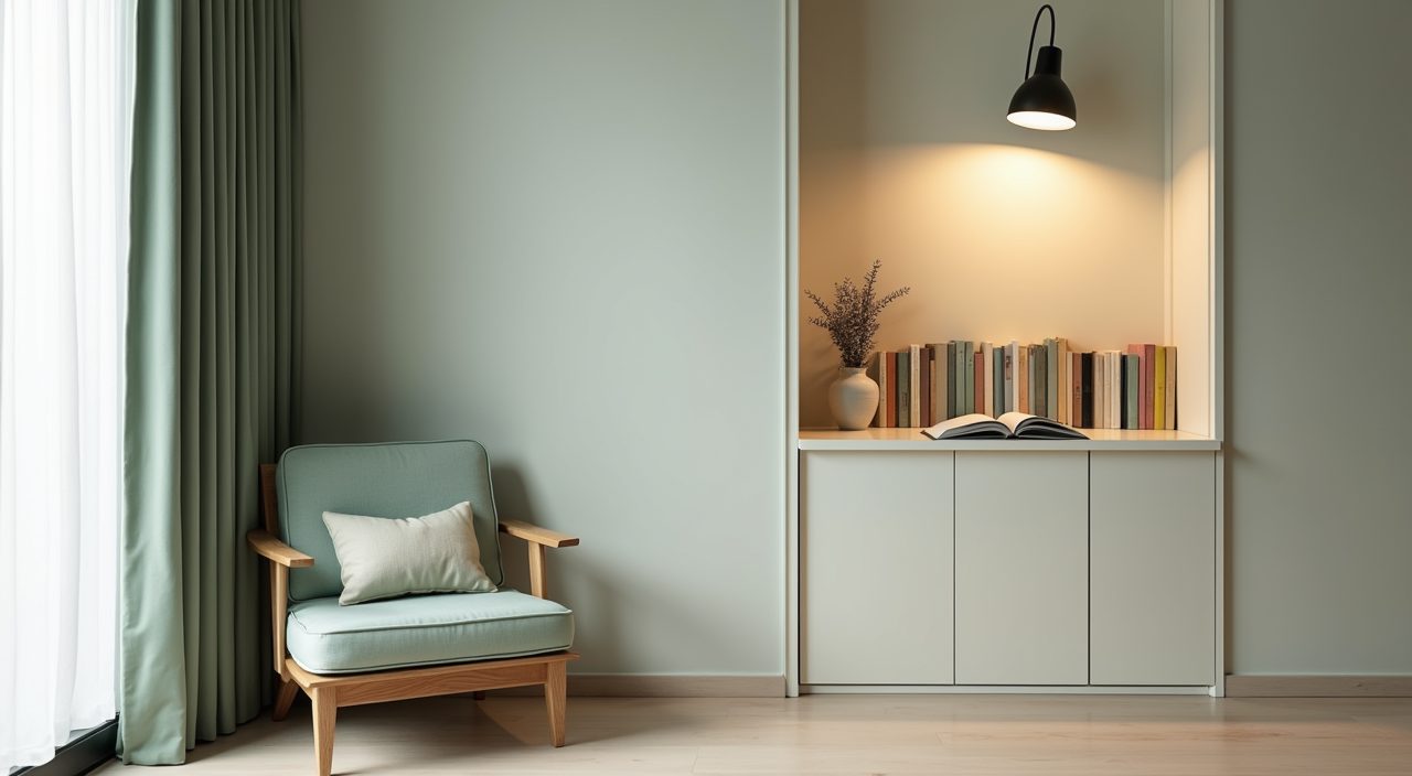 Quiet reading nook corner with cushioned chair and wall light in a contemporary HDB resale flat study