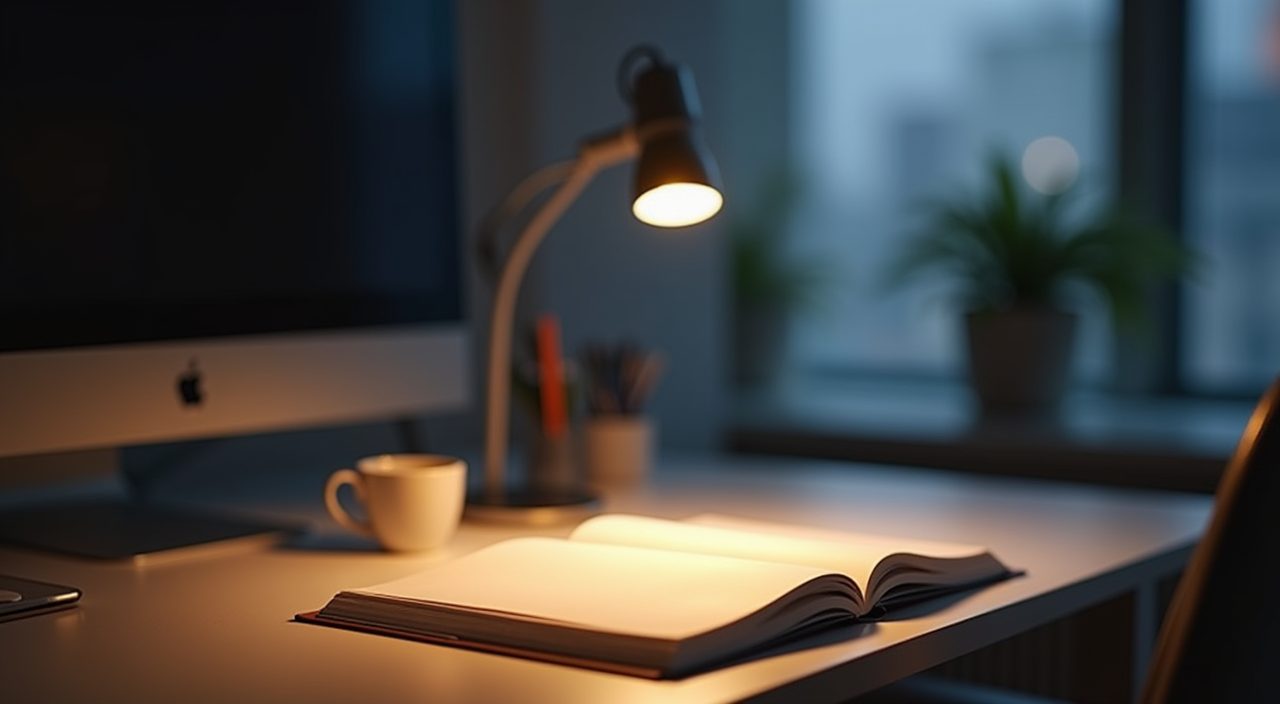 Neutral-white task lamp detail over a matte laminate study desk in an HDB resale flat