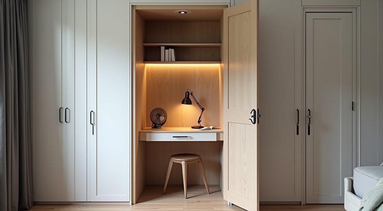 Compact focus study nook set into an HDB bomb shelter doorway of a resale flat with a fold-down desk