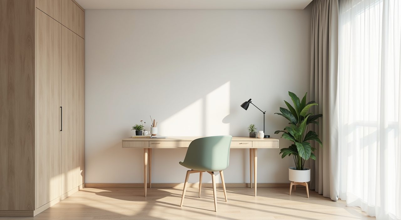 Light and cool palette study room in an HDB resale flat with off-white walls, pale oak and soft sage accent