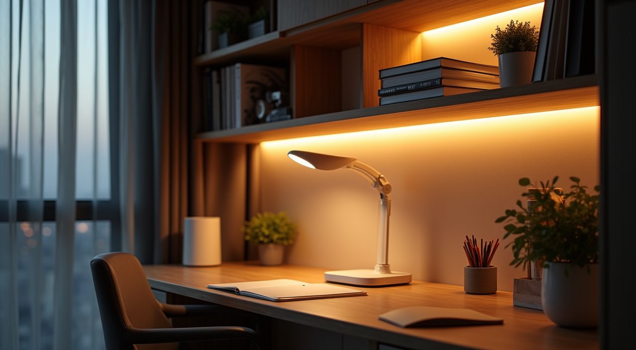 Layered task lamp and under-shelf LED lighting on a study desk in a contemporary HDB resale flat
