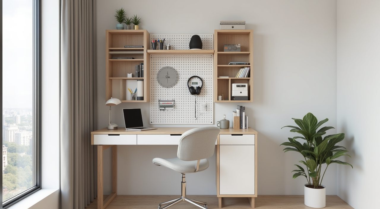 Vertical shelving and pegboard storage above a clear study desk in an HDB resale flat