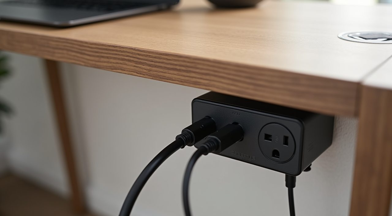 Desk-height power sockets, grommet hole and cable tray for tidy wiring in an HDB resale flat study