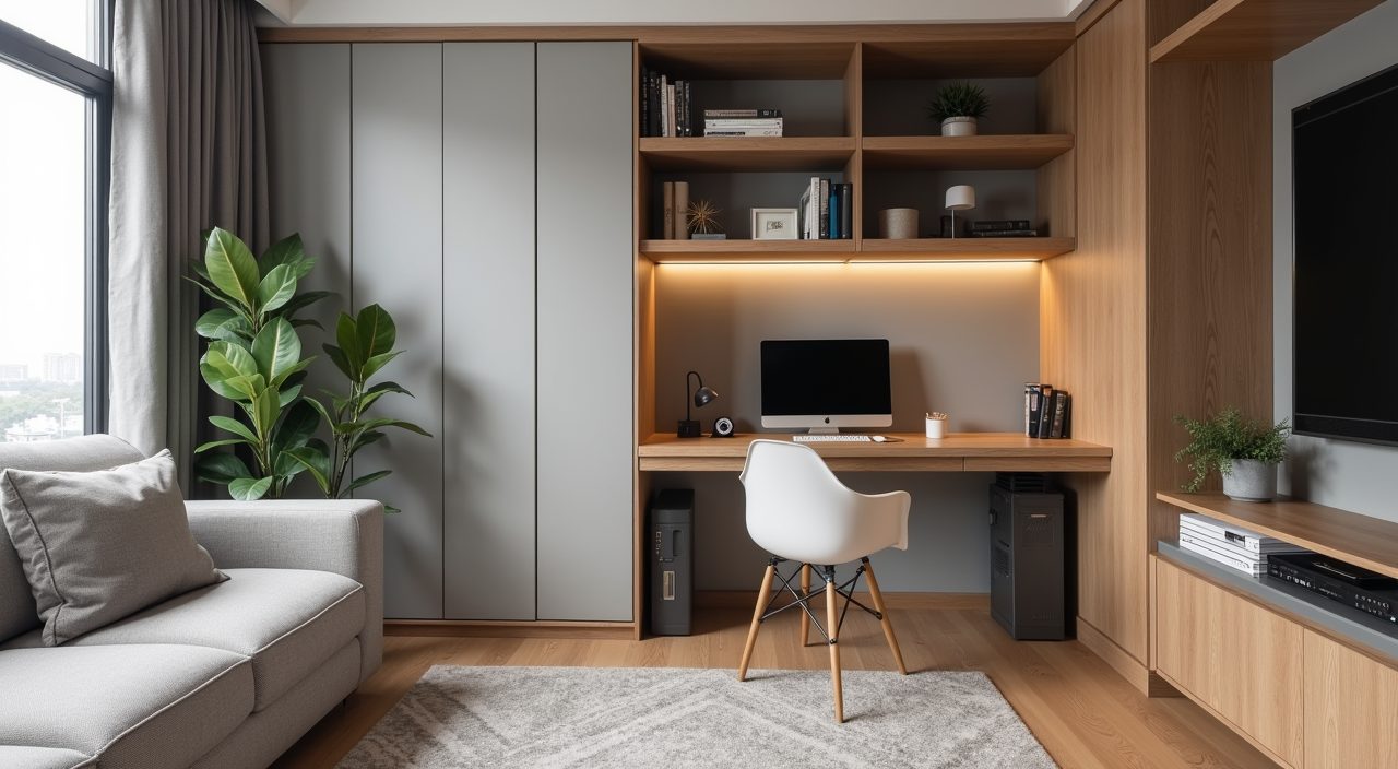 Study run built into a shared living room corner of a contemporary HDB resale flat