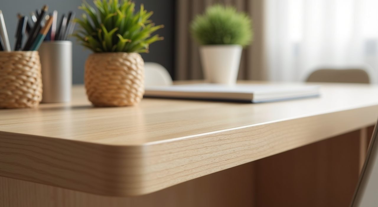 Close-up of a pale oak laminate floating desktop with rattan detail in an HDB resale flat study