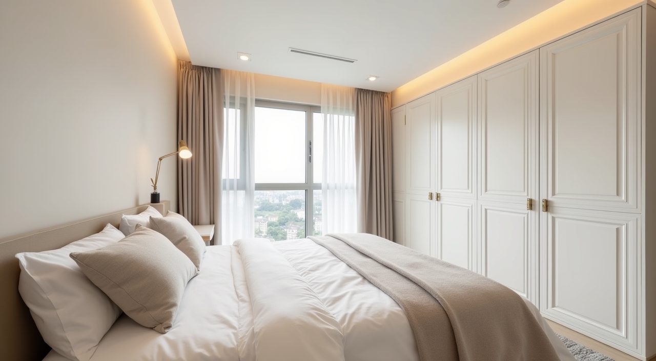Scandinavian Singapore bedroom with warm off white walls and matching greige wardrobe fronts