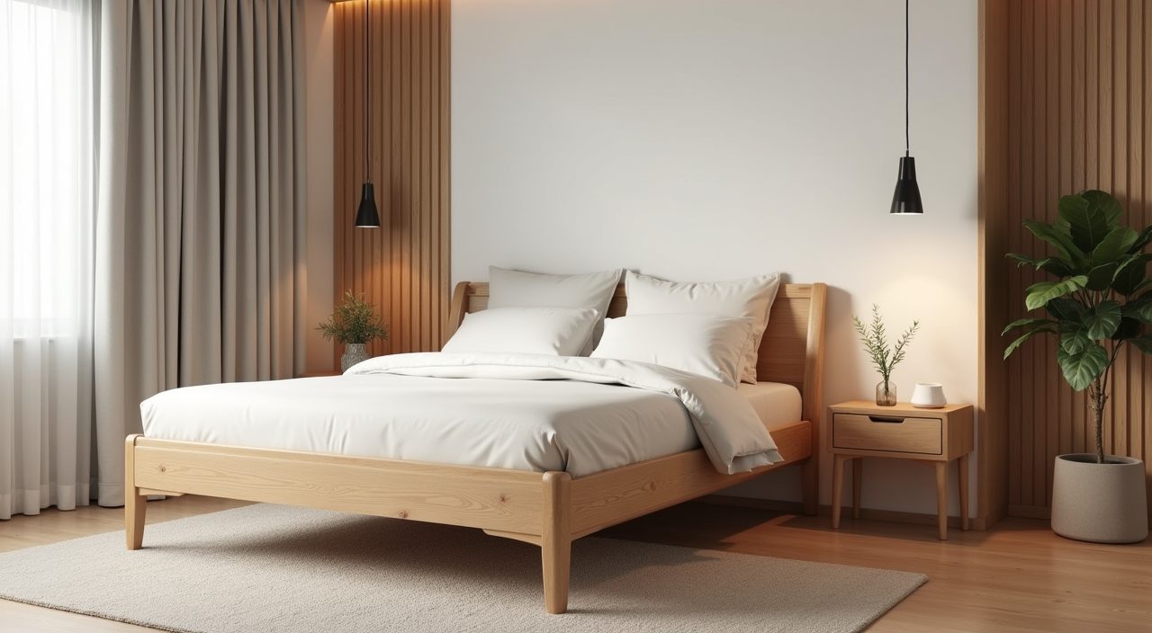 Scandinavian Singapore bedroom with a single light oak bed frame and matching bedside wood tone