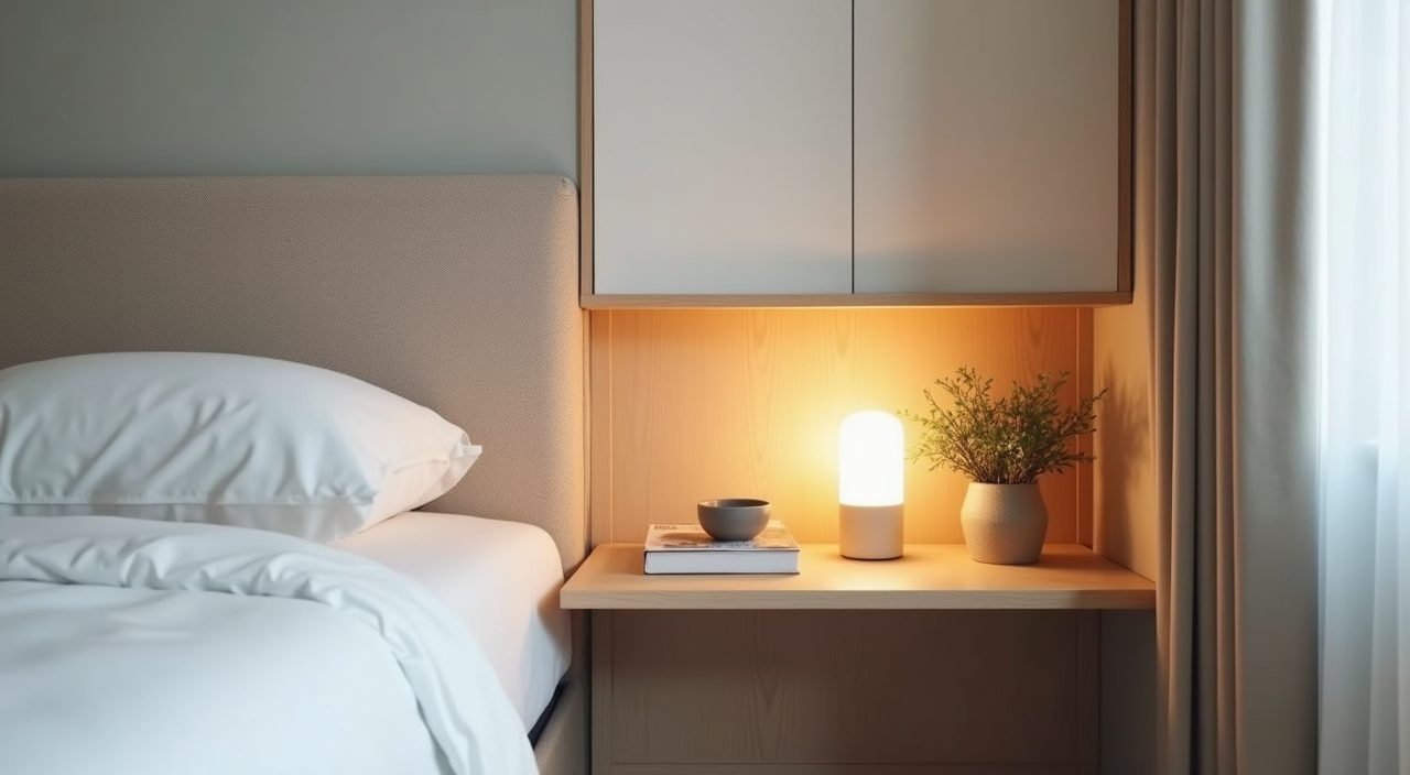 Scandinavian Singapore bedroom bed head niche shelf with small lamp replacing a bedside table