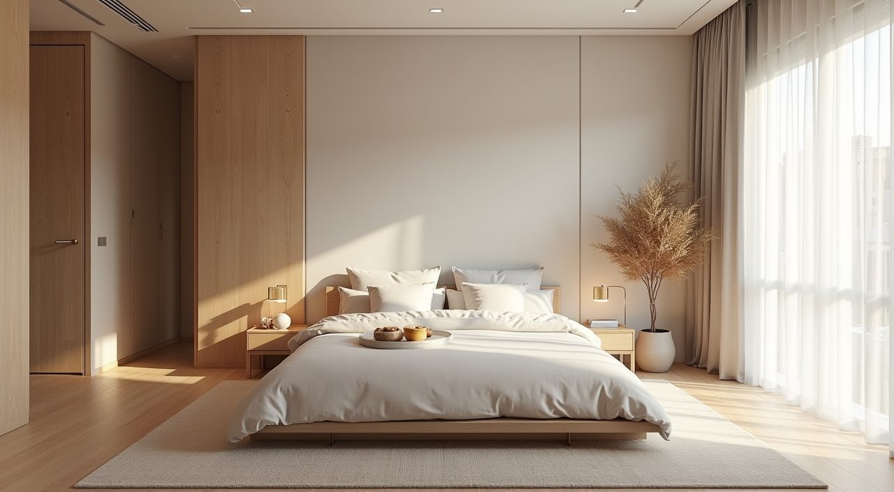 Scandinavian Singapore master bedroom wide mood shot with warm neutrals, oak accents and airy calm