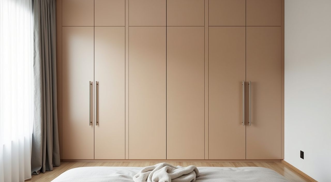 Scandinavian Singapore bedroom with floor to ceiling handleless built in wardrobe blending into the wall