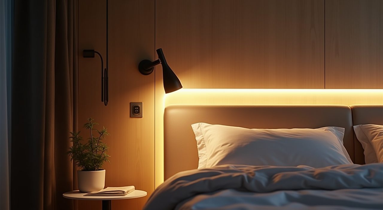 Scandinavian Singapore bedroom warm layered lighting with bedside reading light and concealed LED strip