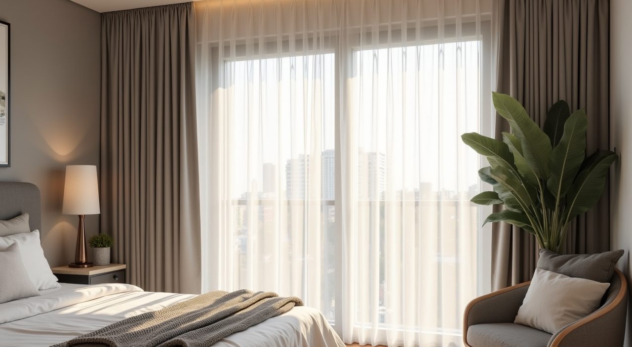 Scandinavian Singapore bedroom window with sheer linen day curtain and blackout layer filtering tropical light