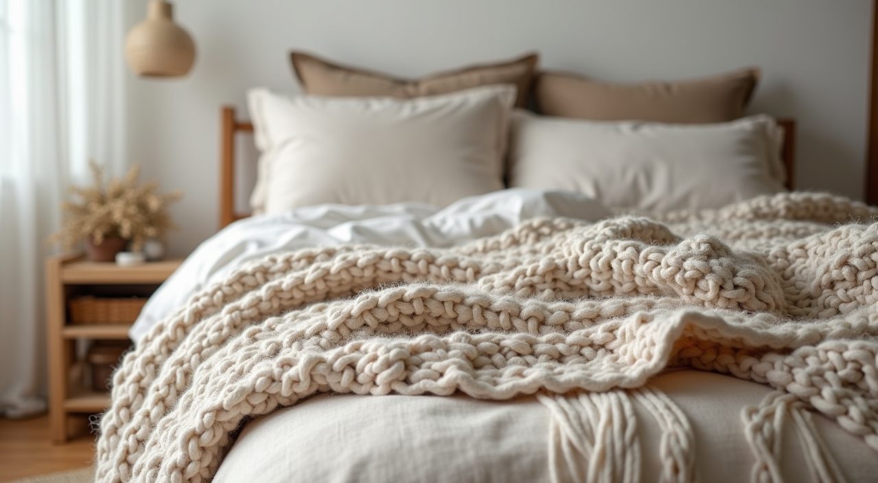 Scandinavian Singapore bedroom texture detail with knit throw, linen bedding, jute rug and rattan