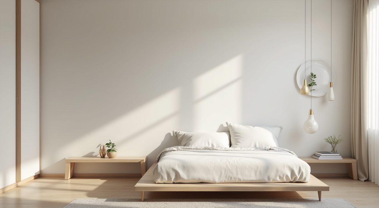 Scandinavian Singapore bedroom with low platform bed and slim light legged furniture showing open floor