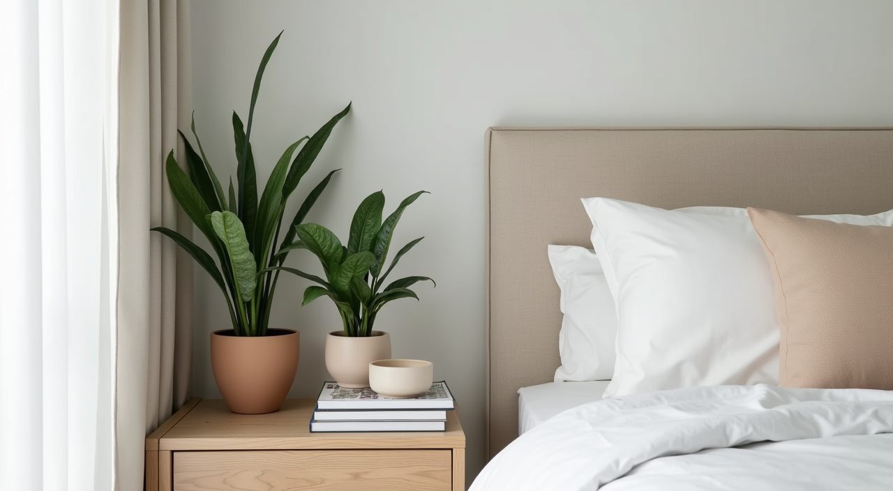 Scandinavian Singapore bedroom corner with snake plant, pothos and simple natural styling