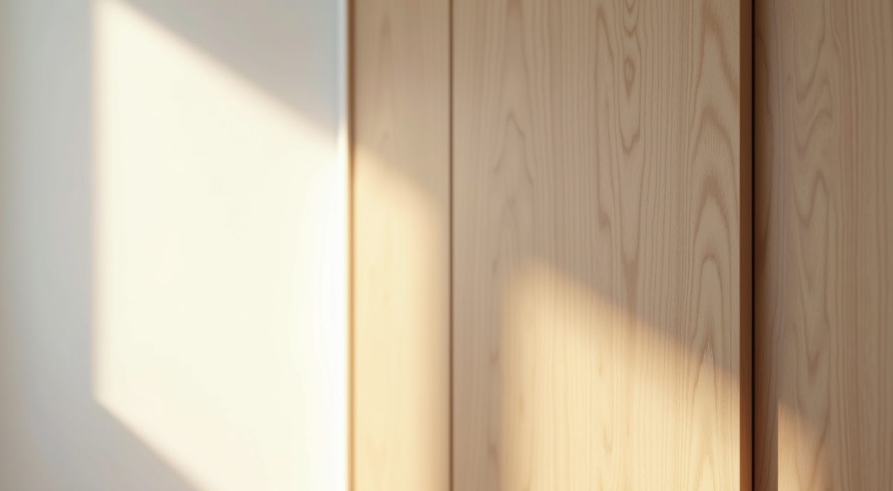 Scandinavian Singapore bedroom material detail of oak laminate wardrobe front against off white wall