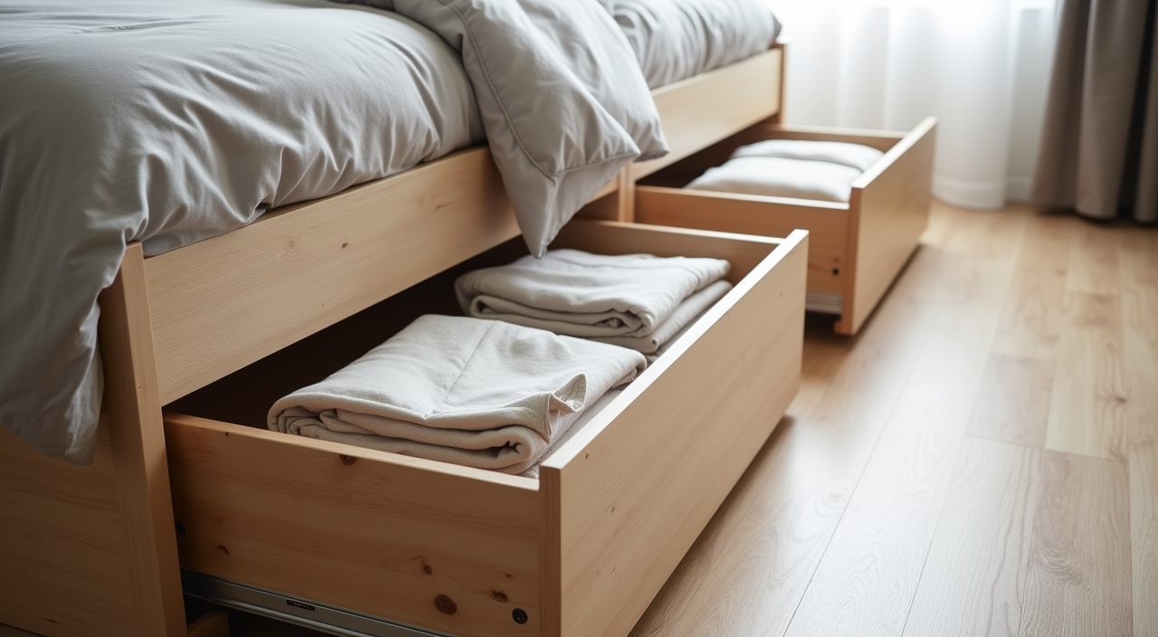 Scandinavian Singapore bedroom storage bed with deep pull out drawers for hidden storage