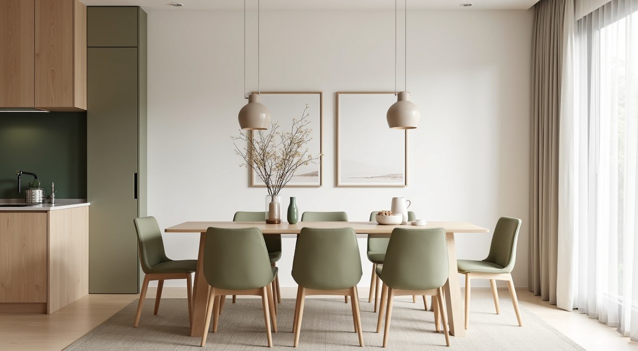 Scandinavian dining area in a Singapore HDB flat with warm off-white walls and pale oak table