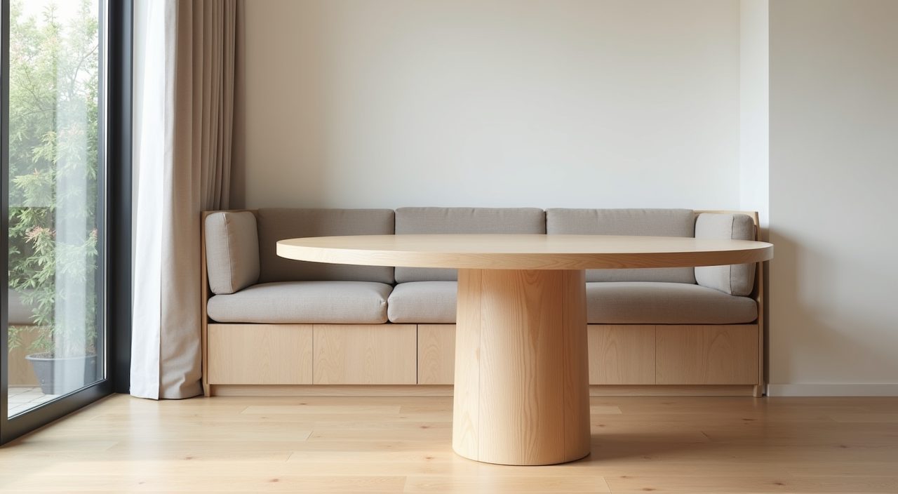 Round pale oak pedestal dining table in a compact Scandinavian Singapore HDB dining nook