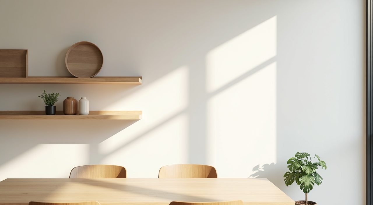 Floating pale timber wall shelves with ceramics beside a Scandinavian Singapore dining area