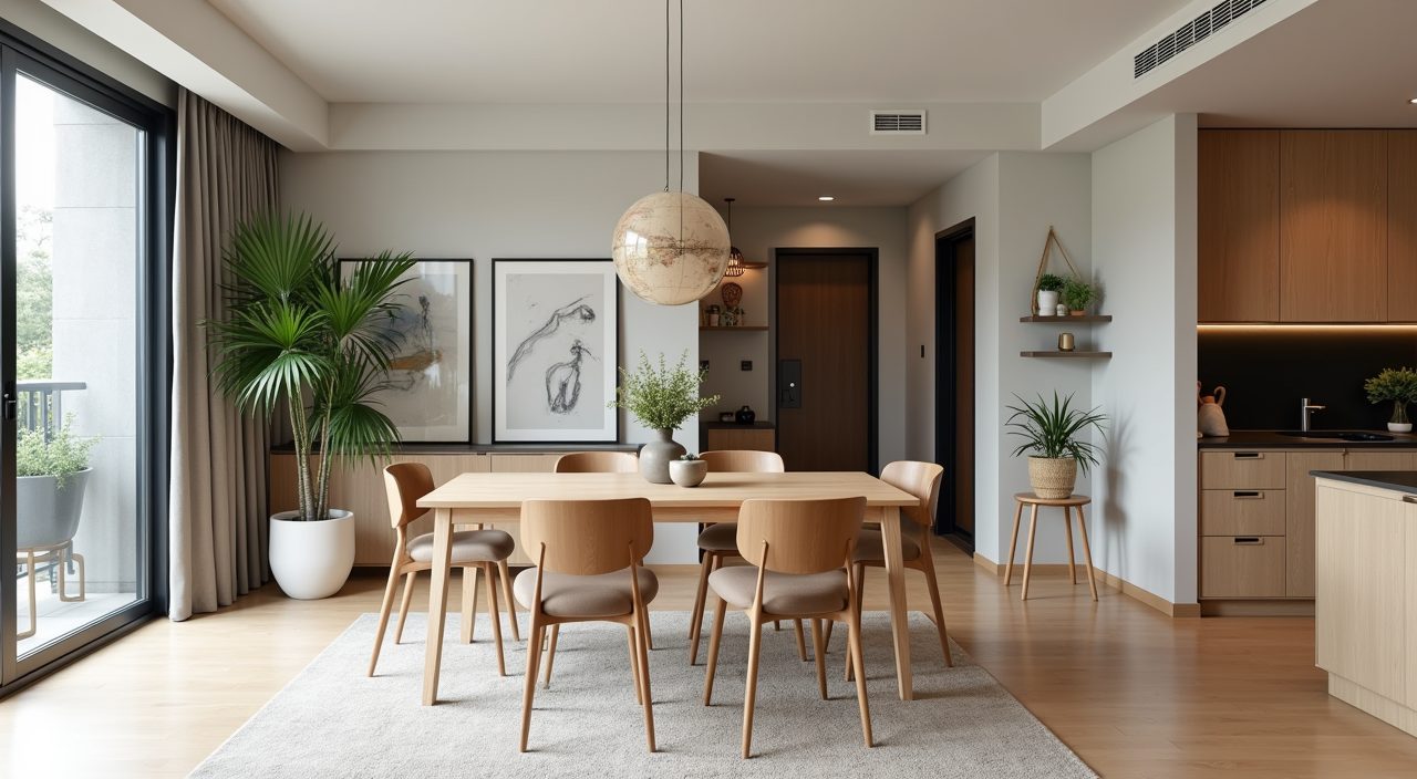 Wide open plan Scandinavian dining and living space in a Singapore condo