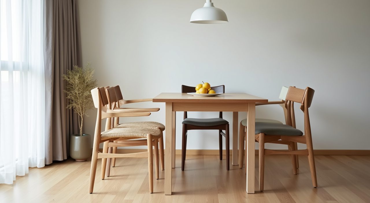Mixed Scandinavian dining chairs with wood, cane and upholstered seats in a Singapore condo
