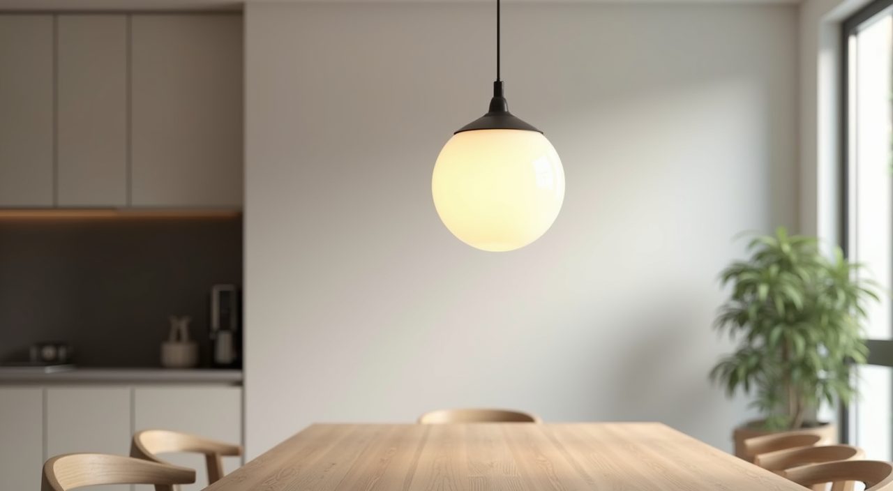 Opal glass globe pendant light over a Scandinavian dining table in a Singapore apartment